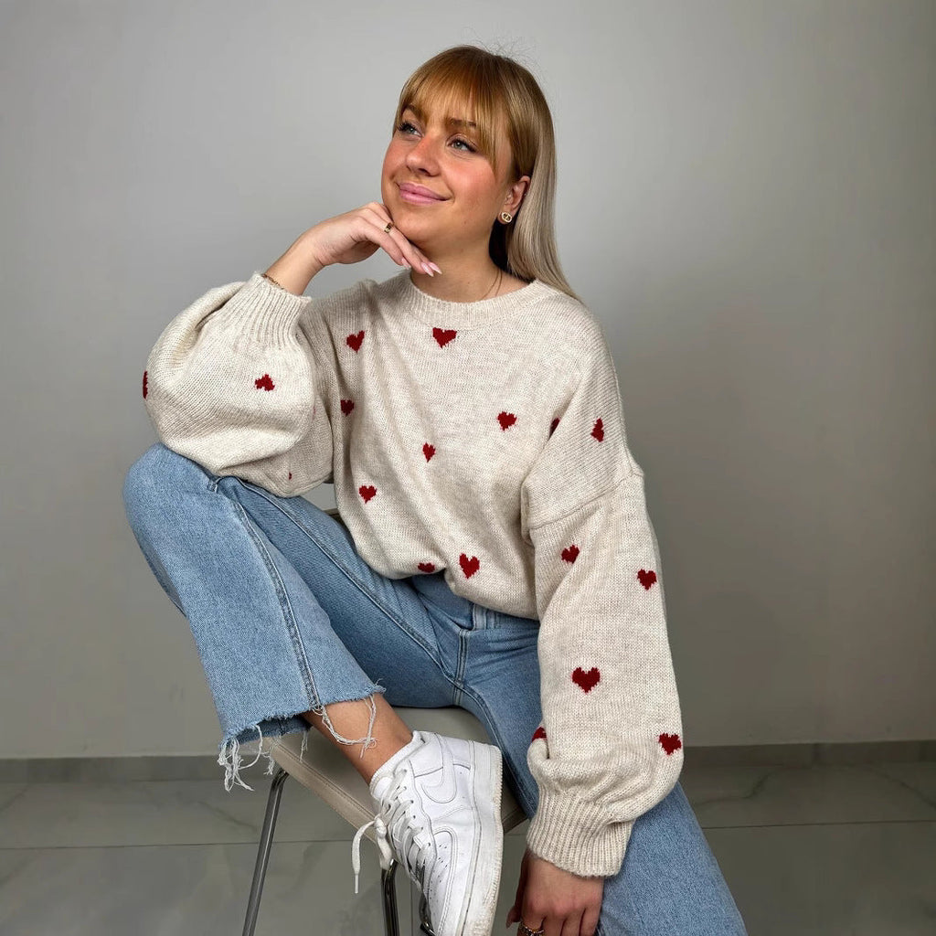 Damen nan oversized Strickpullover mit Herzintarsien und Ballonärmeln