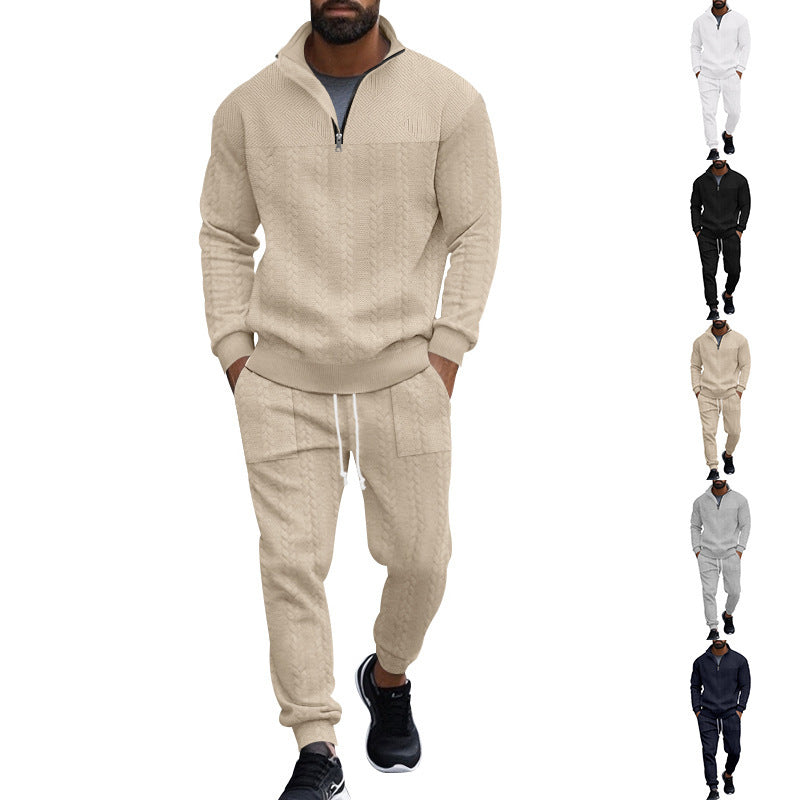 Herren nan Strick-Trainingsset mit halbem Reißverschluss, Zopfmuster-Pulli und Kordelzug-Jogger