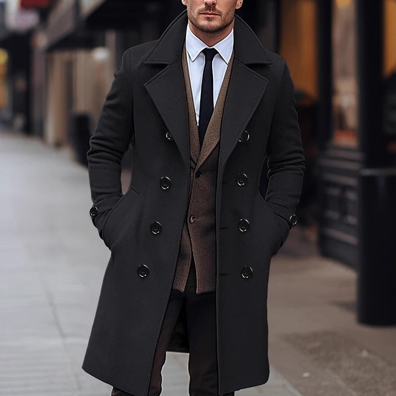 Herren nan eleganter doppelt geknöpfter Wollmantel mit breitem Revers und tailliertem Businessschnitt