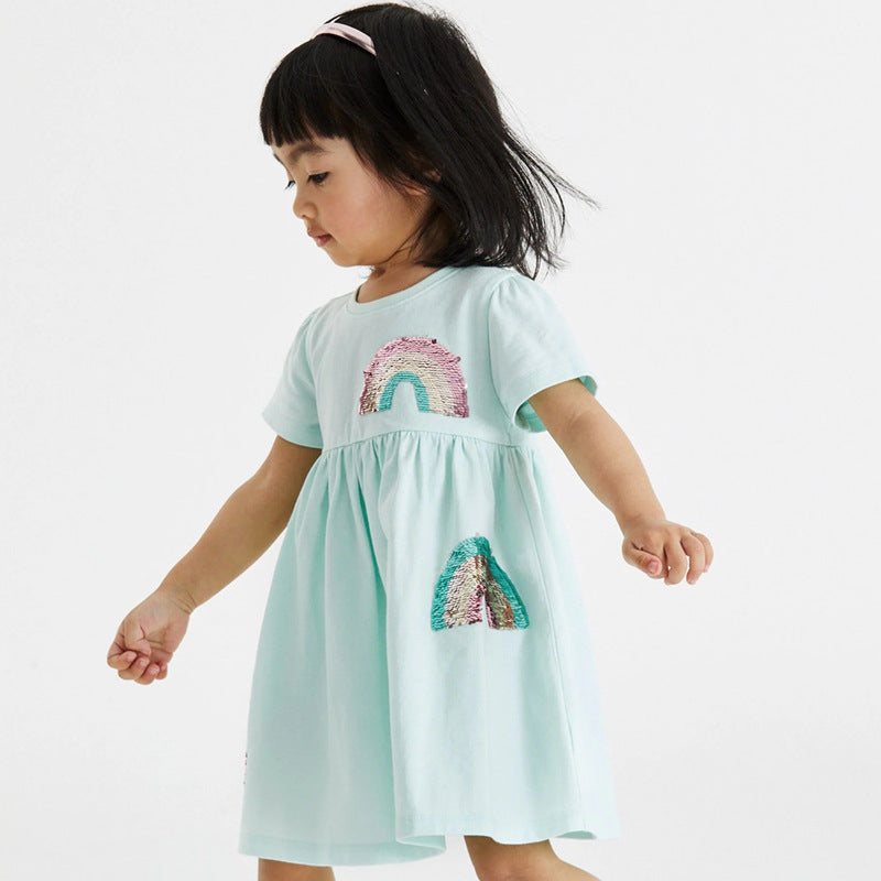 Mädchen Kurzarm-T-Shirt Kleid mit buntem Glitzer-Regenbogen Design