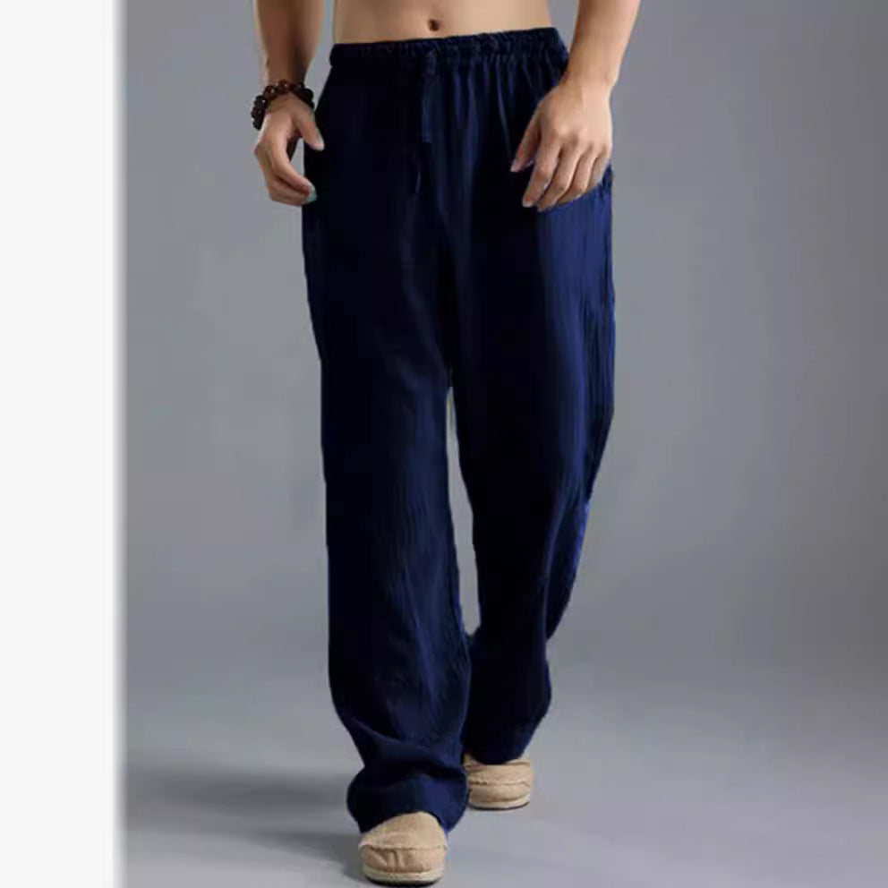 Herren nan lässige Leinenhose mit elastischem Bund, Kordelzug und geradem Bein