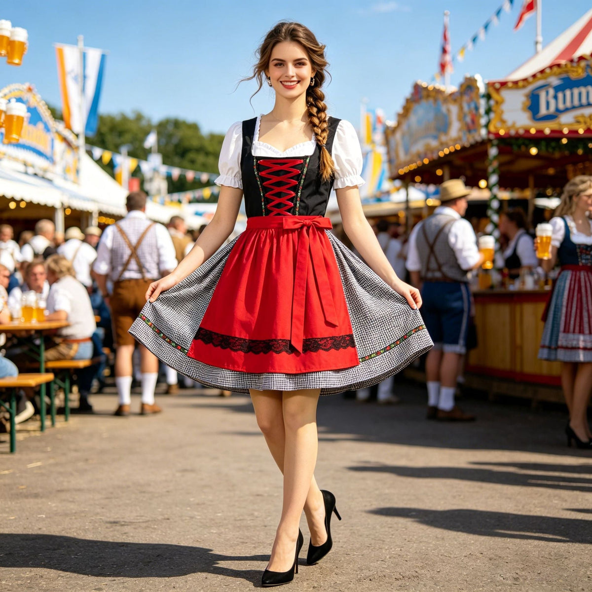 Damen nan kurzes traditionelles Dirndlkleid mit geschnürtem Mieder, Puffärmel-Bluse und aufgesetzter Schürze