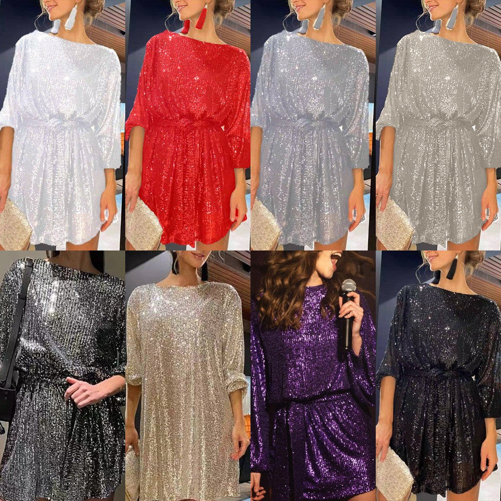Damen Glamouröses Cocktailkleid mit funkelnden Lurex-Fäden und elastischem Taillengürtel Selmira
