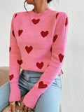 Damen nan kaschmirähnlicher Feinstrickpullover mit Allover-Herzmotiv, Rundhalsausschnitt und verlängerten Bündchen