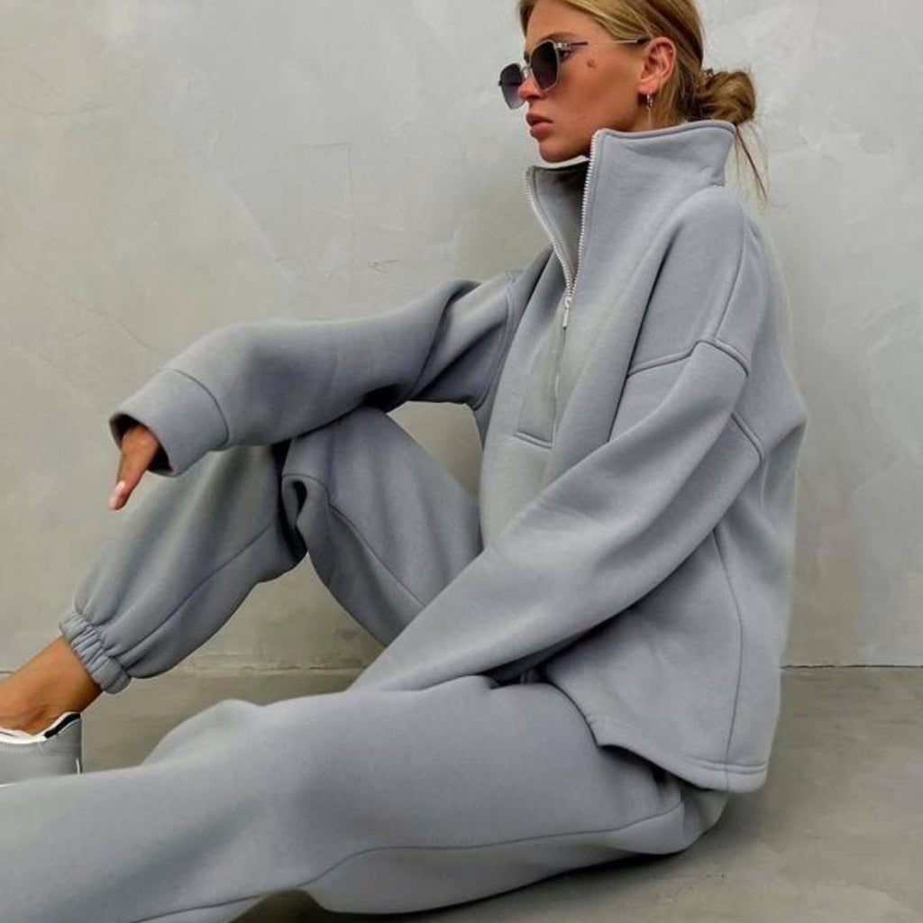 Damen nan weiches Oversize-Halbzip-Loungewear-Set mit hohem Stehkragen und taillierter Jogginghose
