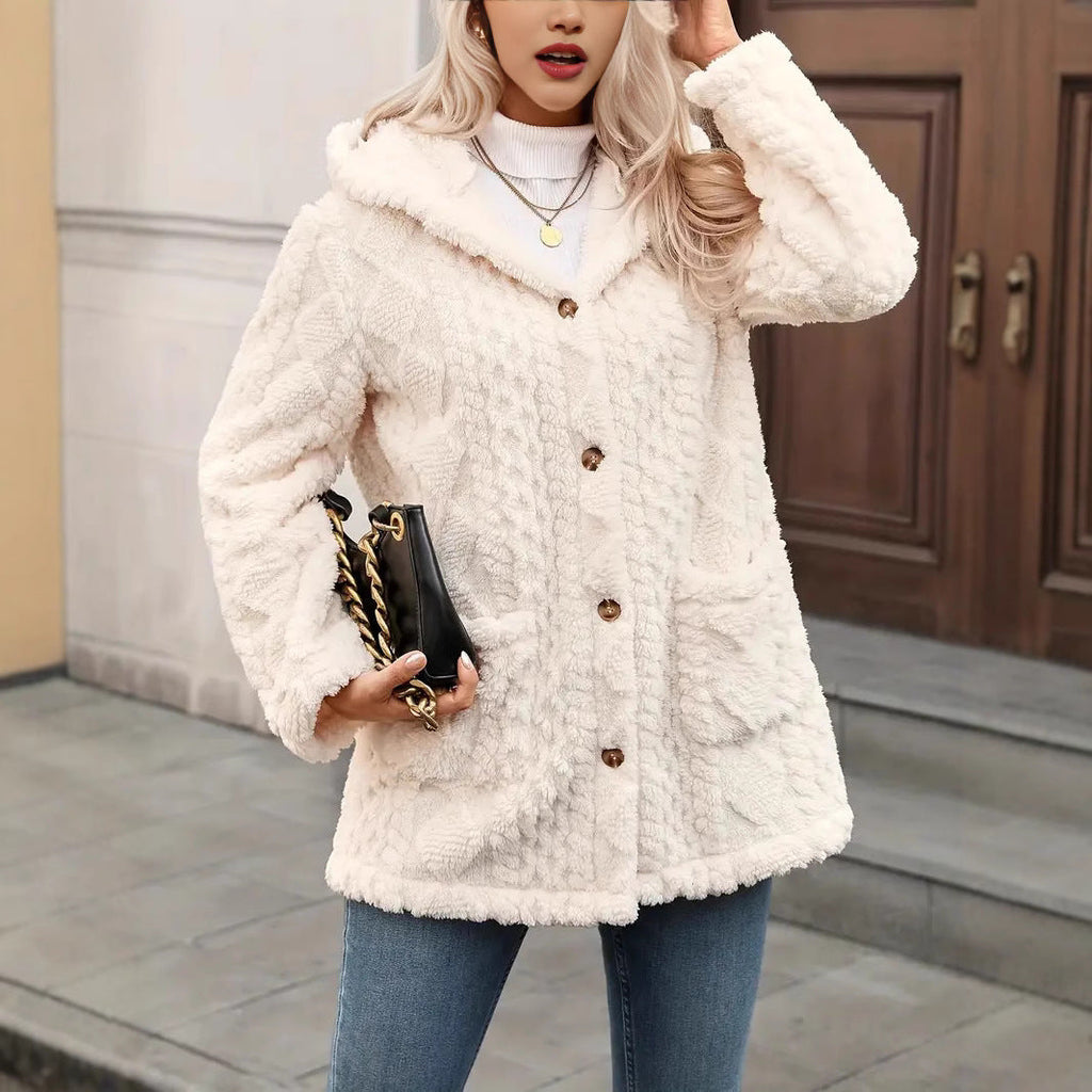 Damen angenehme und weiche Plüschjacke mit Kapuze und Taschen Selmira
