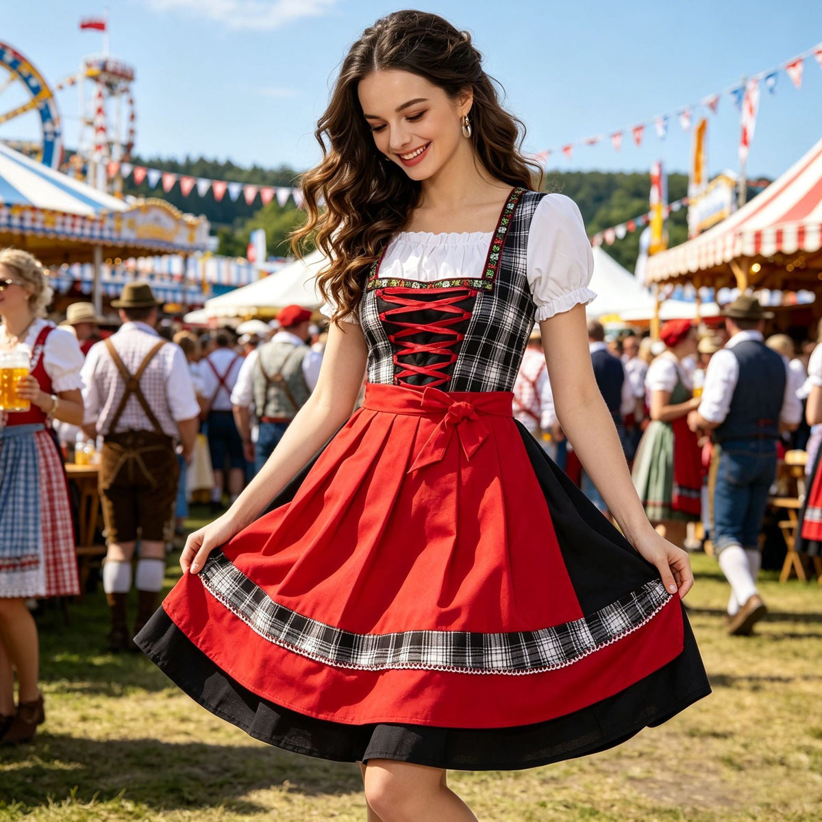 Damen nan traditionelles Trachten-Dirndl mit Schnürleiste, A-Linie Rock und Schleifen-Schürze