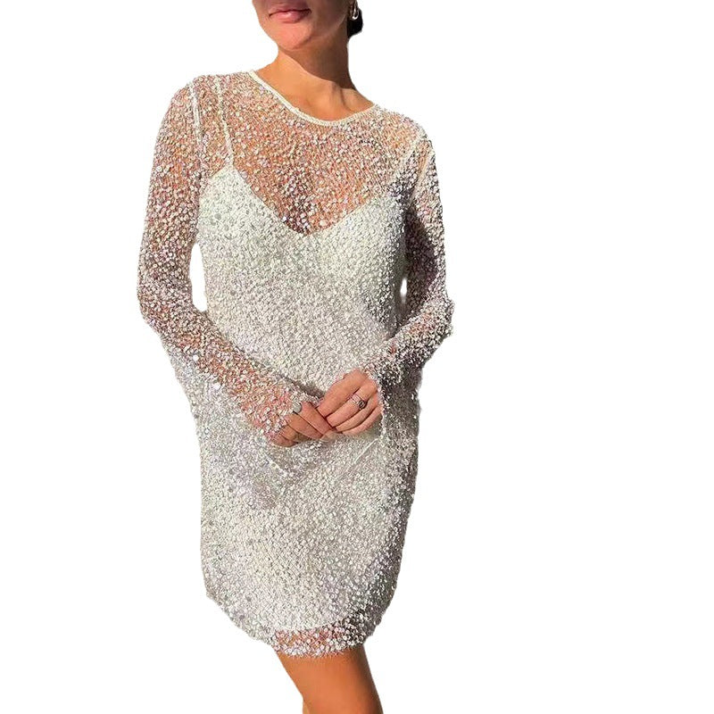 Damen Glitzerndes Cocktailkleid mit schimmernden Pailletten und langen Ärmeln Selmira