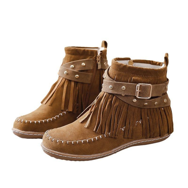 Damen nan Fransen-Mokassin-Stiefelette mit Ziergurt, Schnalle und weicher Gummisohle