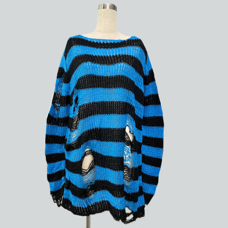 Damen nan Oversized Grobstrickpullover mit breiten Blockstreifen und aufgerissenem Design