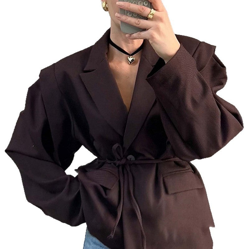 Damen nan taillierter Blumenblazer mit Bindegürtel und Reverskragen