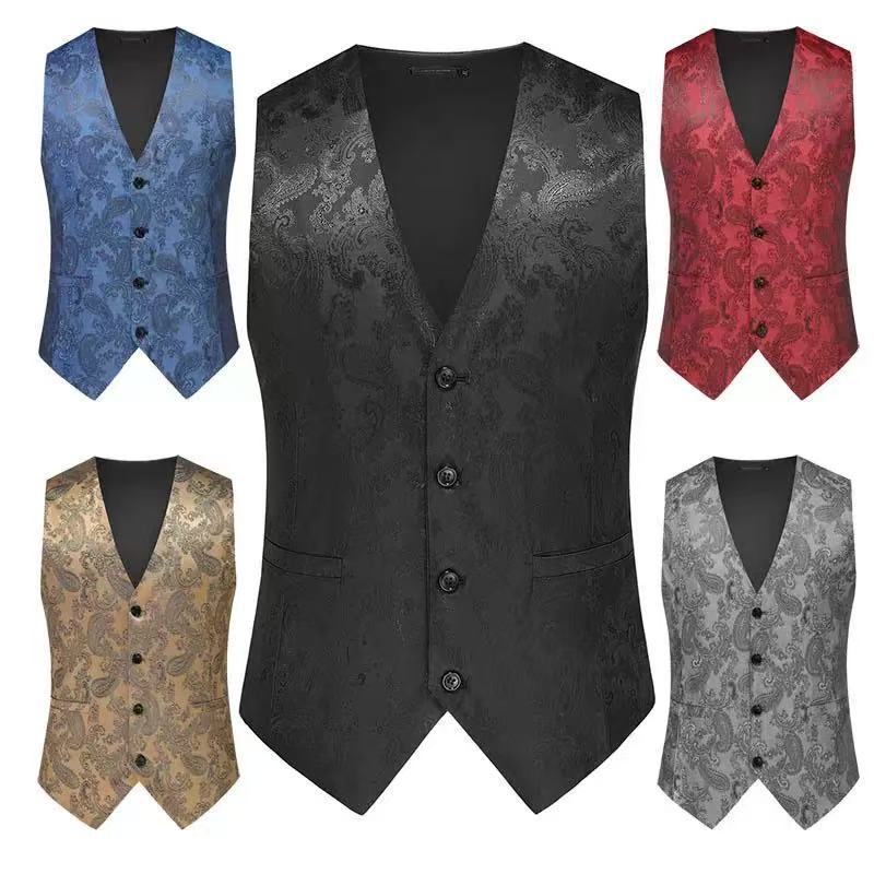 Herren nan feine Jacquard-Anzugweste mit V-Ausschnitt, Zierknöpfen und schmaler Silhouette