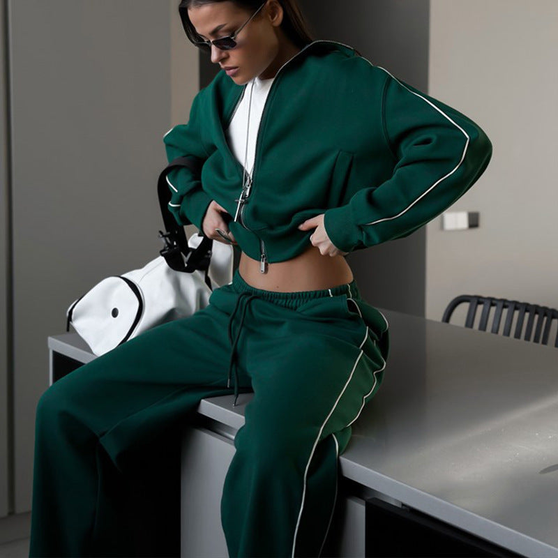 Damen nan kurzes Reißverschluss-Hoodie und hohe Taillen-Jogginghose Set mit dekorativer Seitenpaspel