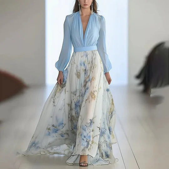 Damen nan fließendes Chiffon-Maxikleid mit tiefem V-Ausschnitt, tailliertem Bund und langem Glockenrock