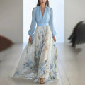 Damen nan fließendes Chiffon-Maxikleid mit tiefem V-Ausschnitt, tailliertem Bund und langem Glockenrock
