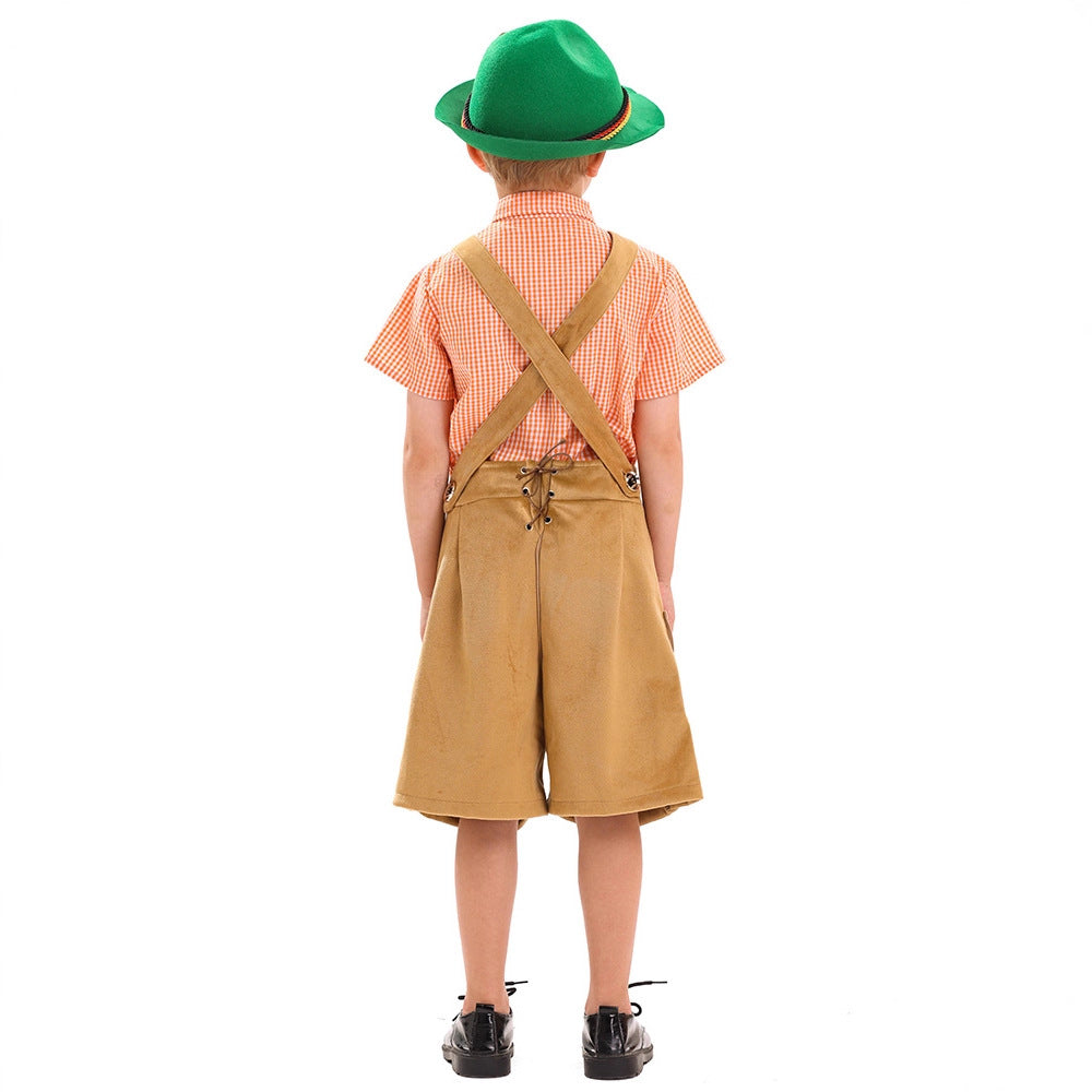 Herren nan traditionelle Kinderlederhose kurz mit aufwendiger Stickerei, Latztasche und verstellbaren Trägern