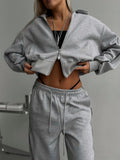 Damen nan kurzes Reißverschluss-Hoodie und hohe Taillen-Jogginghose Set mit dekorativer Seitenpaspel