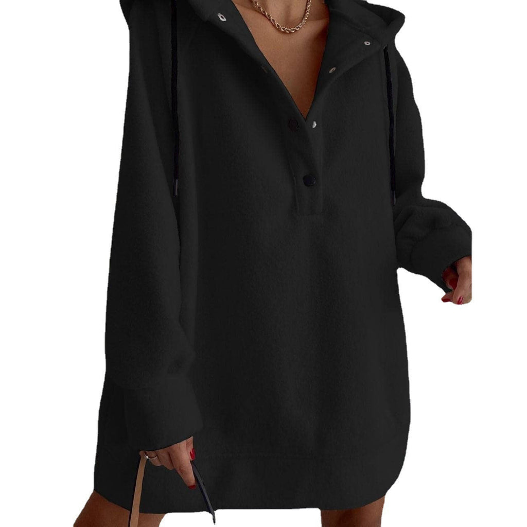 Damen nan kuscheliges Kapuzen-Fleece-Tunika-Sweatshirt mit Druckknopfleiste und überschnittener Schulter