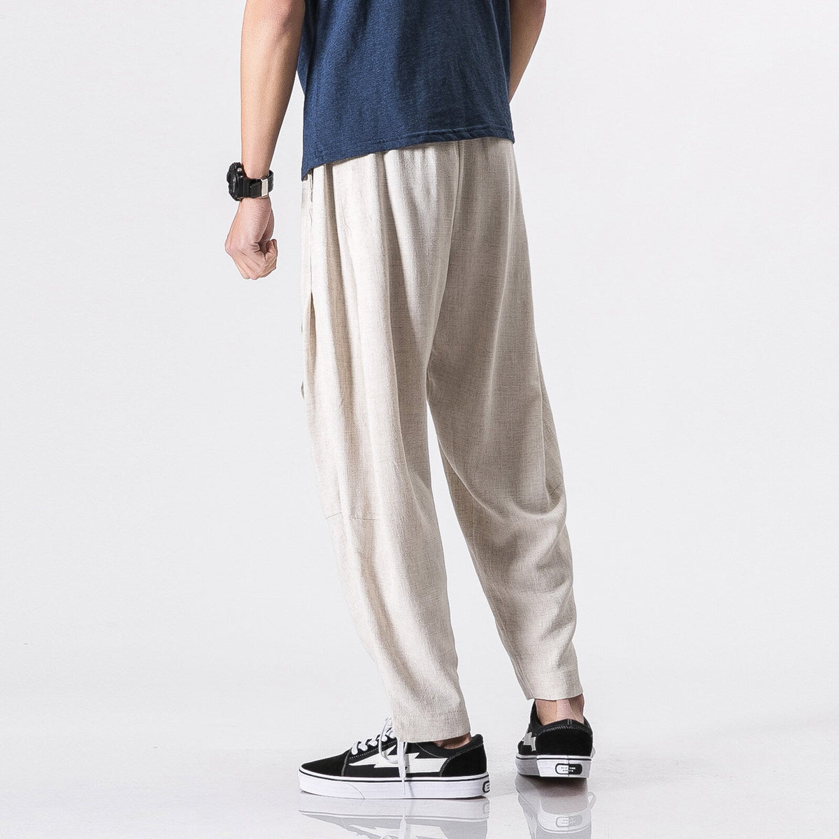 Herren nan entspannte Leinen-Baumwoll Harem-Joggerhose mit verdecktem Tunnelzug und tapered Bein