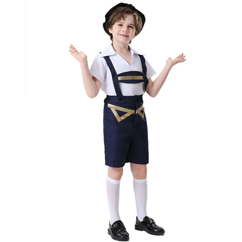 Unisex nan festliche Kinderhose mit verstellbaren Hosenträgern und Ziergürtel
