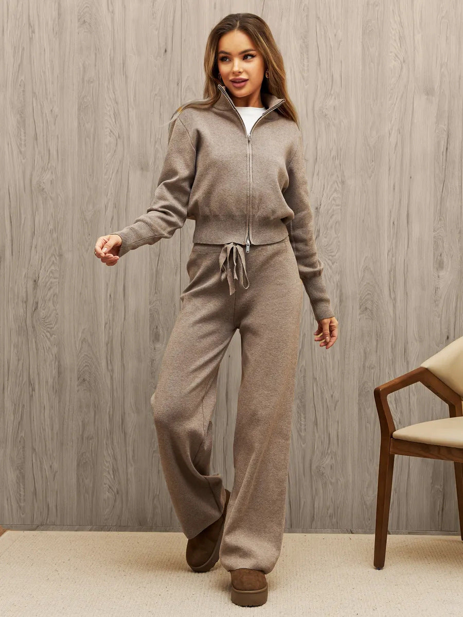 Damen nan gestricktes Loungewear-Zweiteiler mit kurzem Reißverschluss-Cardigan und weitem Highwaist-Hosenbein
