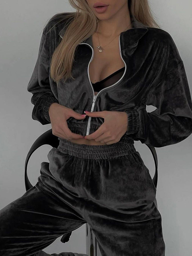 Damen nan Cropped Velours-Joggingset mit halbem Reißverschluss, gerafftem Komfortbund und breiten Bündchen