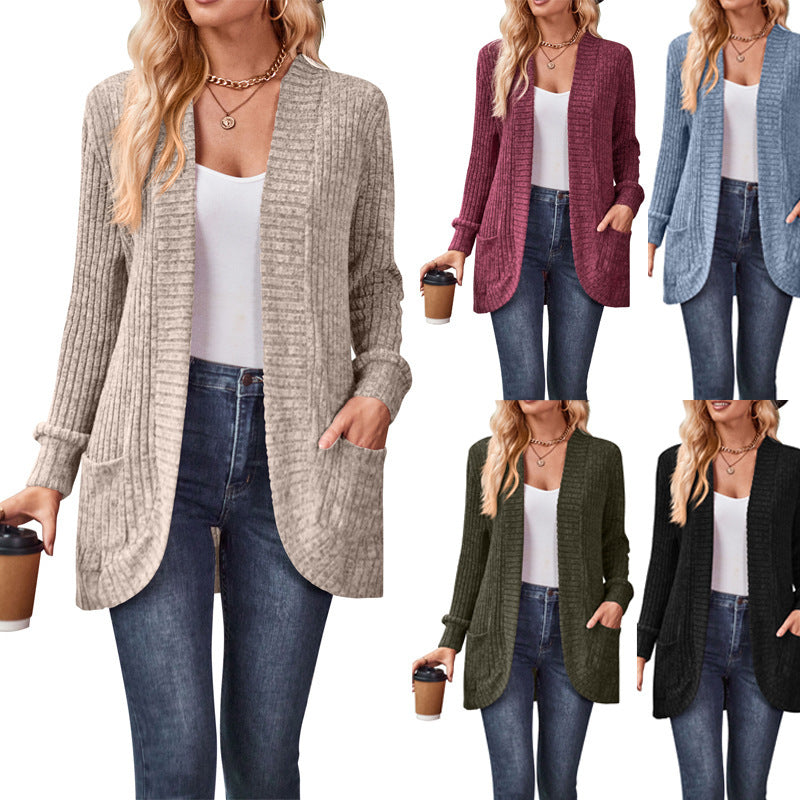 Damen nan langer gerippter Cardigan mit aufgesetzten Taschen und offener Front
