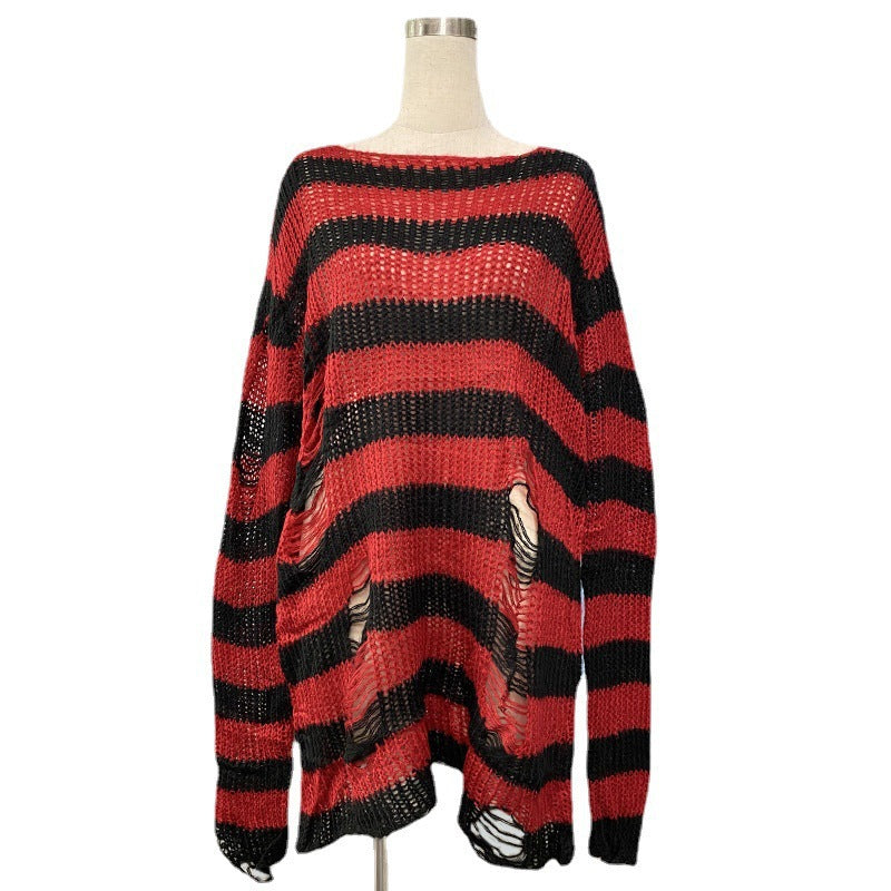 Damen nan Oversized Grobstrickpullover mit breiten Blockstreifen und aufgerissenem Design
