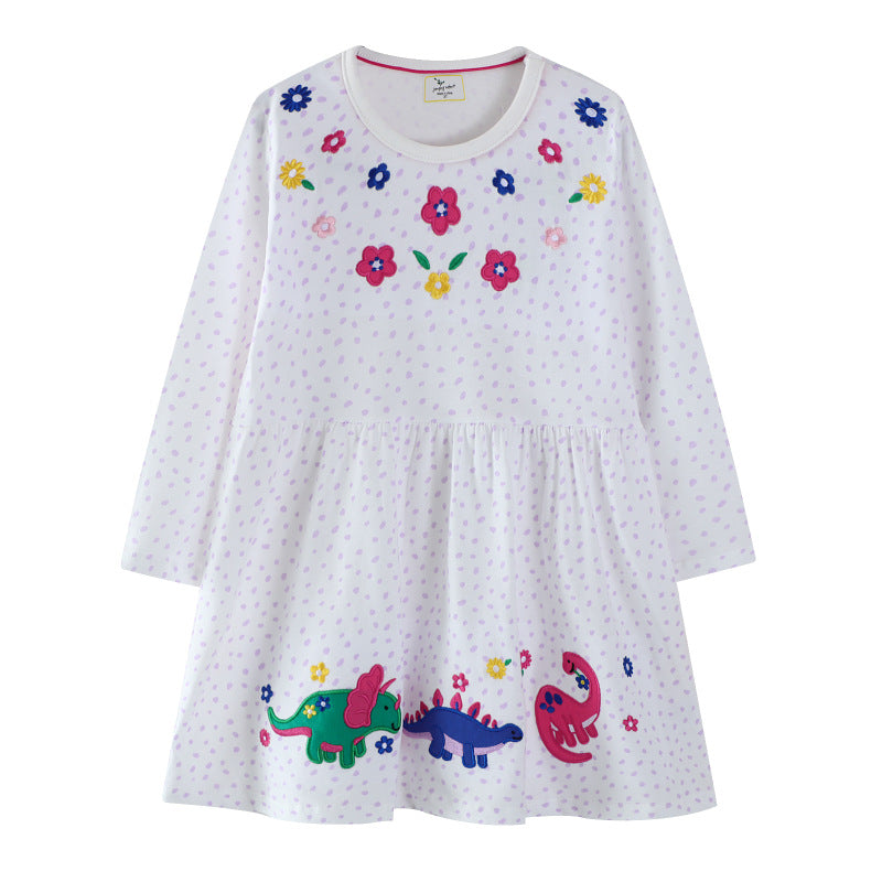 Mädchen Baumwollkleid mit buntem Dinosaurier- und Blumenmotiv