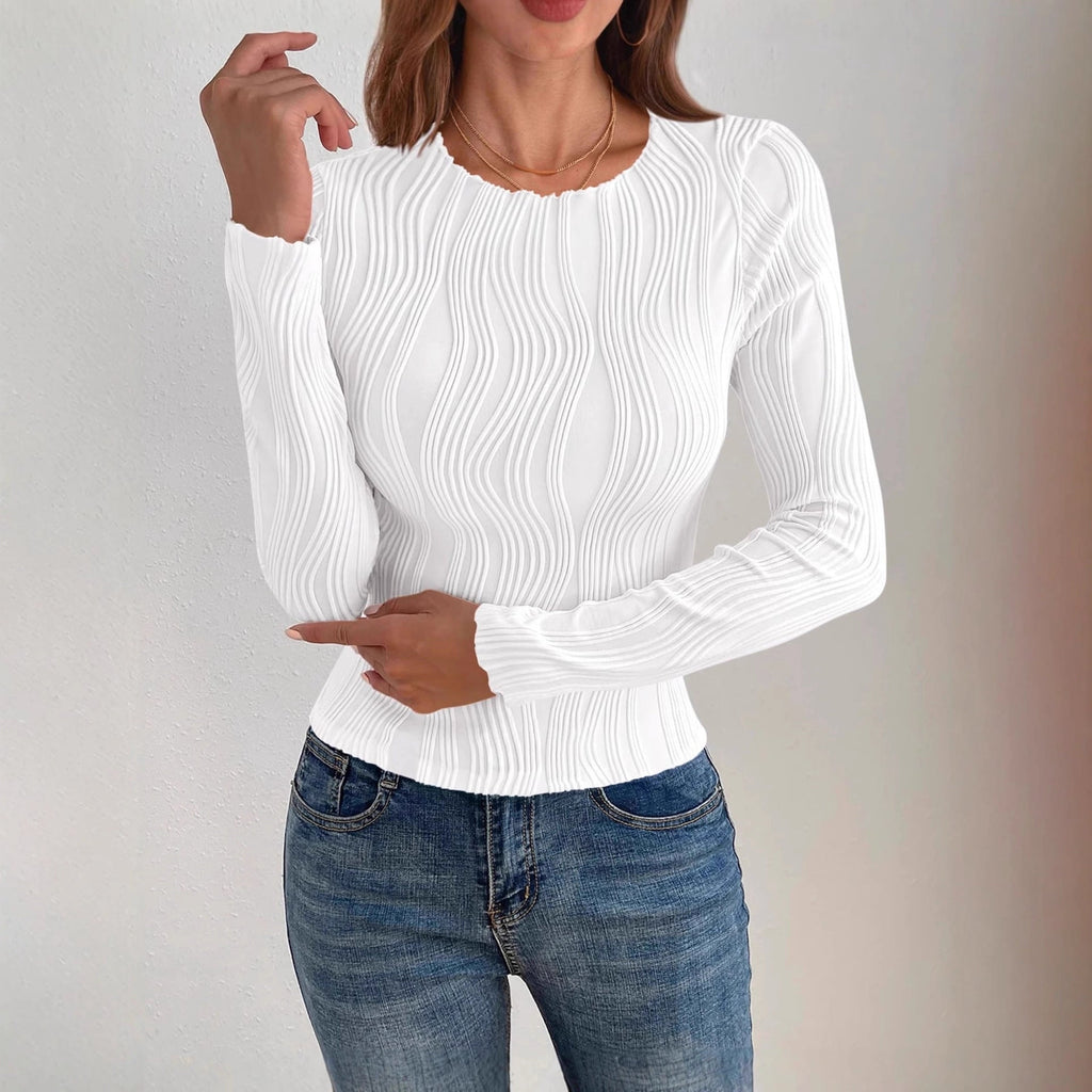 Damen nan figurbetontes Rippstrick-Longsleeve mit Wellendetail und Rundhalsausschnitt