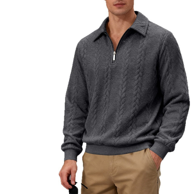 Herren nan strukturierter Strickpullover mit halbem Reißverschluss, Polokragen und Zopfmuster