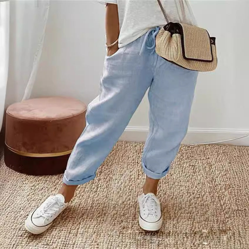 Damen nan legerer Leinen-Jogger mit Kordelzug, Eingrifftaschen und umgeschlagenem Saum