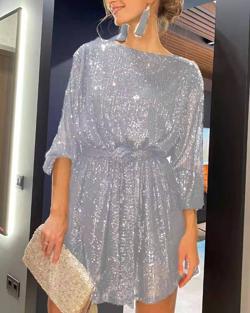 Damen Glamouröses Cocktailkleid mit funkelnden Lurex-Fäden und elastischem Taillengürtel Selmira