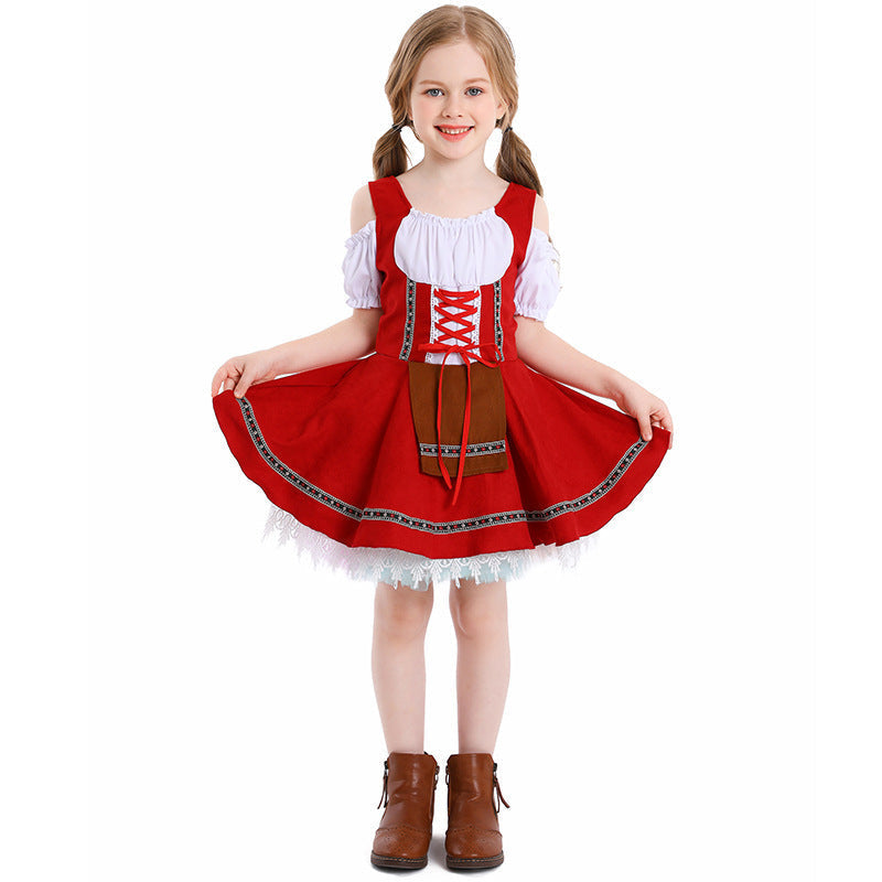 Damen nan traditionelles Kinderdirndl mit Schnürmieder, Spitzenunterrock und dekorativer Schürze