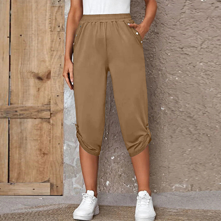 Damen nan lässige dreiviertellange Hose mit elastischem Bund, Eingrifftaschen und krempelbarem Saum