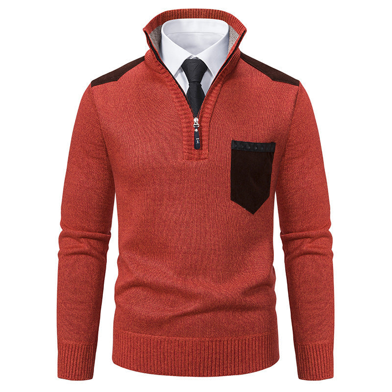 Herren nan Feinstrick-Halbzip-Pullover mit Stehkragen, Brusttasche und Schulterbesatz