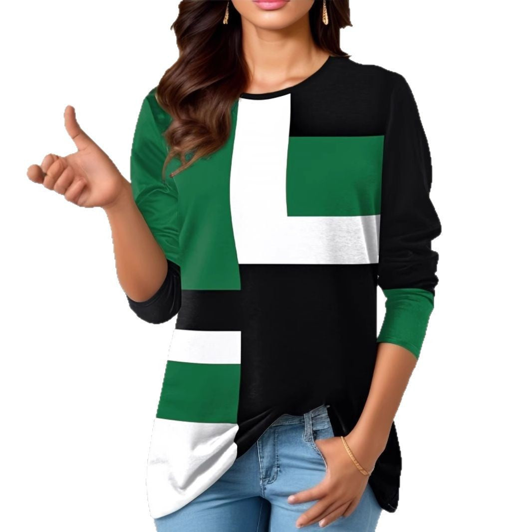 Damen nan geometrisches Colorblock Longsleeve-Tunika-Oberteil mit Rundhalsausschnitt und asymmetrischem Saum
