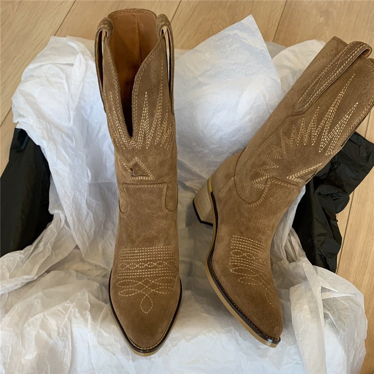Damen nan Wildleder Westernstiefel mit spitzer Kappe und mittelhohem Blockabsatz