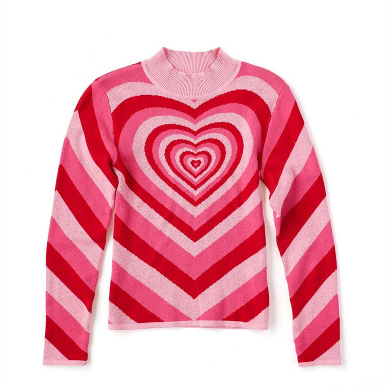 Damen nan oversized Strickpullover mit Herz-Intarsie und Chevron-Muster