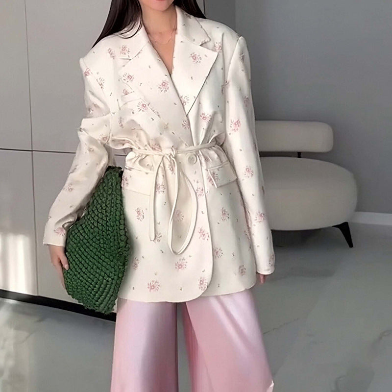 Damen nan taillierter Blumenblazer mit Bindegürtel und Reverskragen
