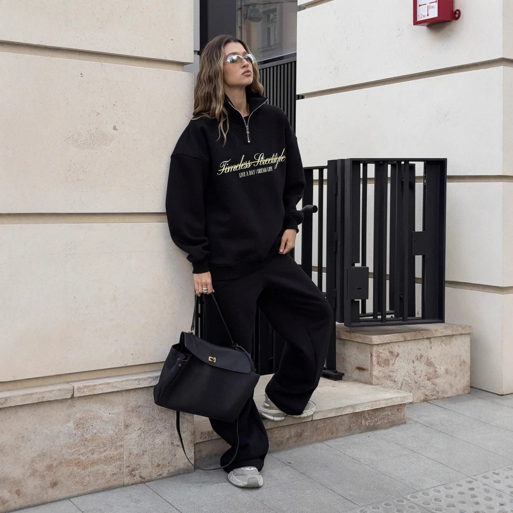 Damen nan oversized Halbzip-Sweatshirt mit hohem Stehkragen und Statement-Print