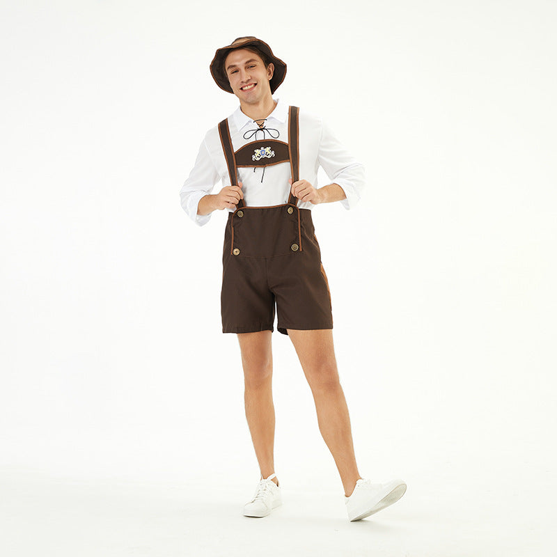 Herren nan traditionelle Kurzlederhose mit verstellbaren Trägern und dekorativem Brustlatz