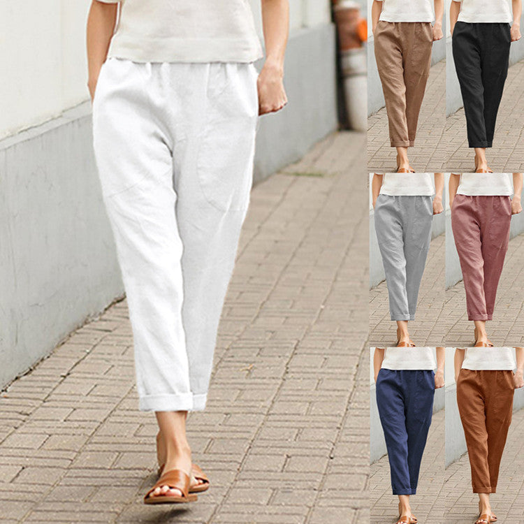 Damen nan leichte Leinenhose mit elastischem Bund, seitlichen Eingrifftaschen und gekrempeltem Saum