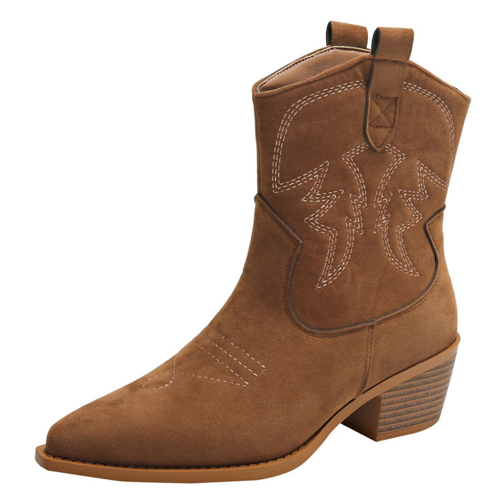 Damen nan Kurzschaft‑Westernboot mit dekorativer Stickerei, eckigem Blockabsatz und weichem Veloursfinish