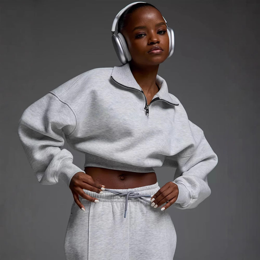 Damen nan kurzes Half-Zip Sweatshirt-Set mit hochtaillierter weiter Lounge-Jogginghose