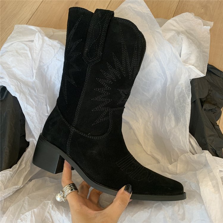 Damen nan Wildleder Westernstiefel mit spitzer Kappe und mittelhohem Blockabsatz
