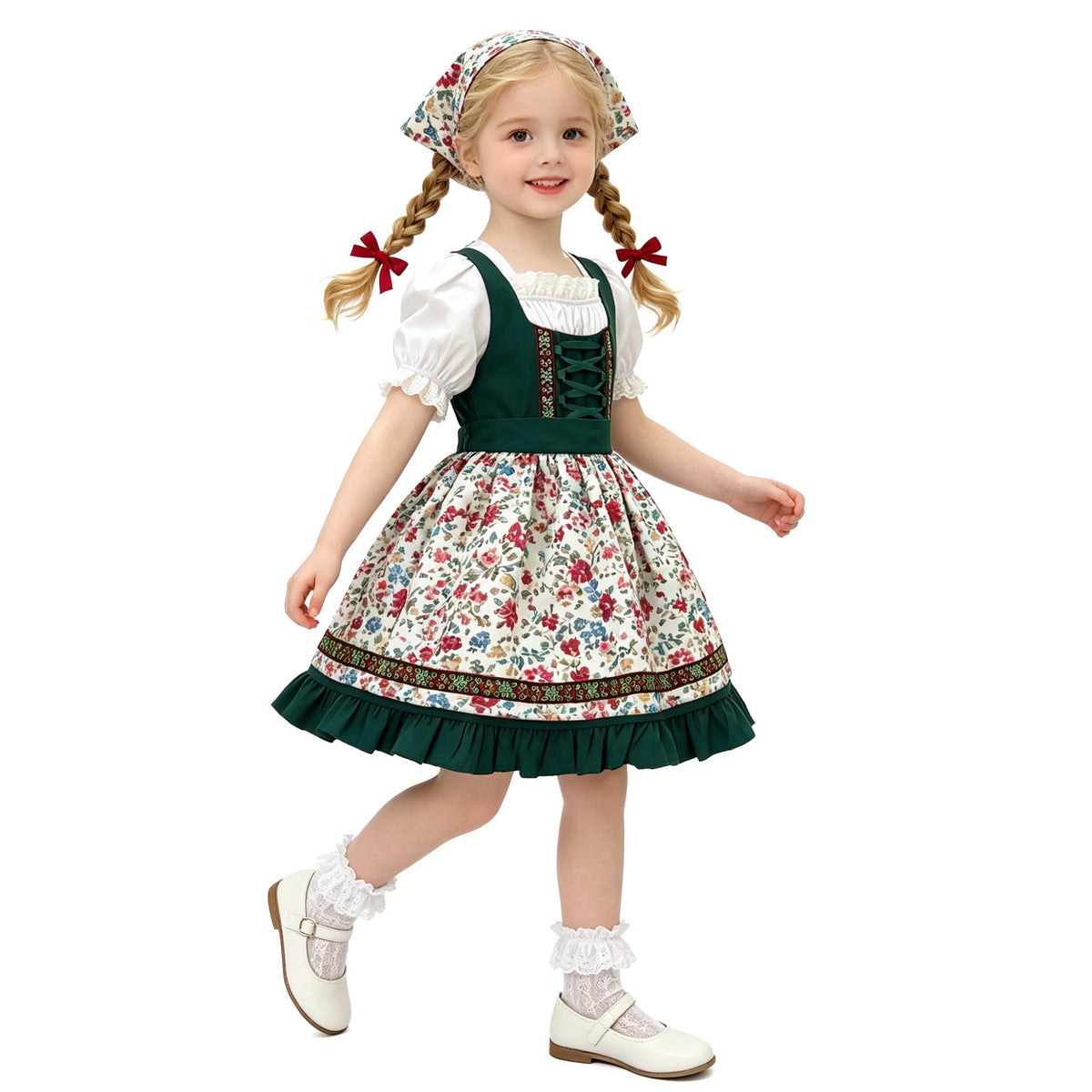 Damen nan traditionelles Kinderdirndl mit Schürze Haarband Spitzenbluse und Zierschnürung