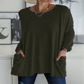 Damen nan oversized Longsleeve-Tunika mit Rundhalsausschnitt, überschnittener Schulter und aufgesetzten Taschen