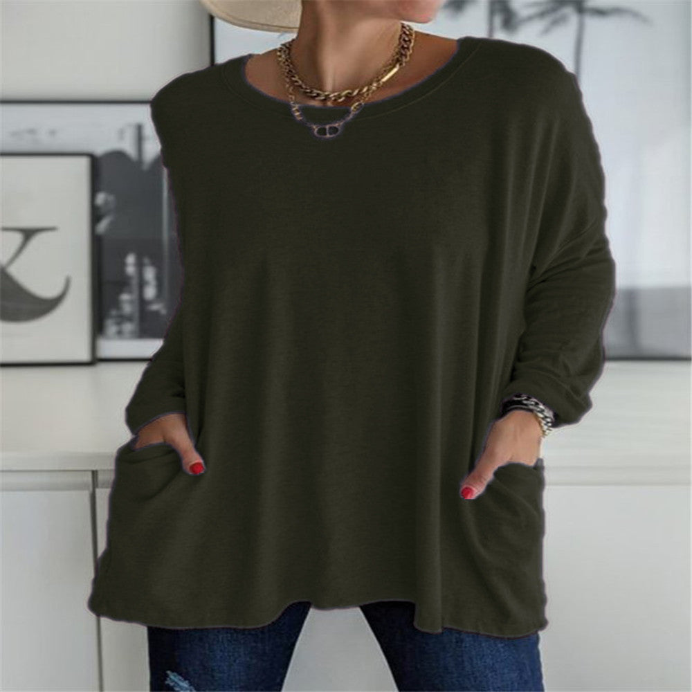 Damen nan oversized Longsleeve-Tunika mit Rundhalsausschnitt, überschnittener Schulter und aufgesetzten Taschen