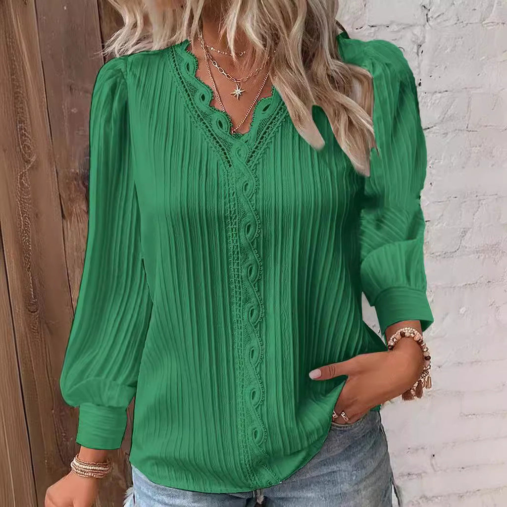 Damen nan romantische V-Ausschnitt Spitzenbluse mit Plissee und Puffärmeln